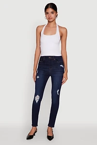 Womens WAX High Waisted Distressed Stretch Skinny Jeans, Blue,