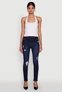 Womens WAX High Waisted Distressed Stretch Skinny Jeans, Blue,