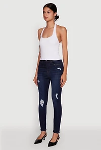 Womens WAX High Waisted Distressed Stretch Skinny Jeans, Blue,
