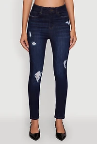 Womens WAX High Waisted Distressed Stretch Skinny Jeans, Blue,