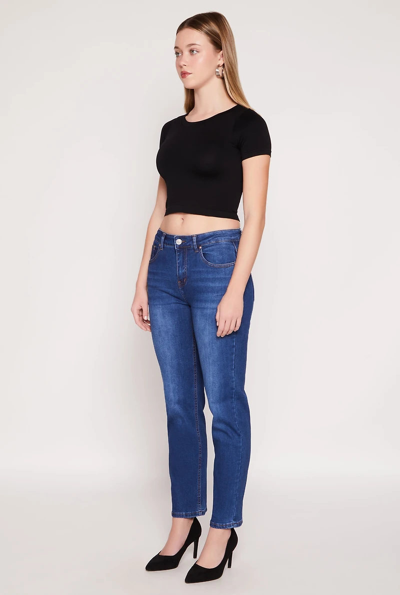 Womens Lina Whiskered Straight High Rise Jeans, Blue,