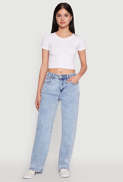 Womens WAX Acid Wash Straight Leg Jeans, Blue,