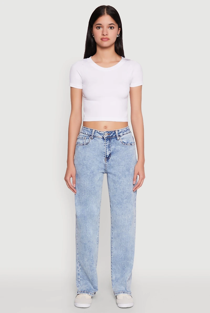 Womens WAX Acid Wash Straight Leg Jeans, Blue,