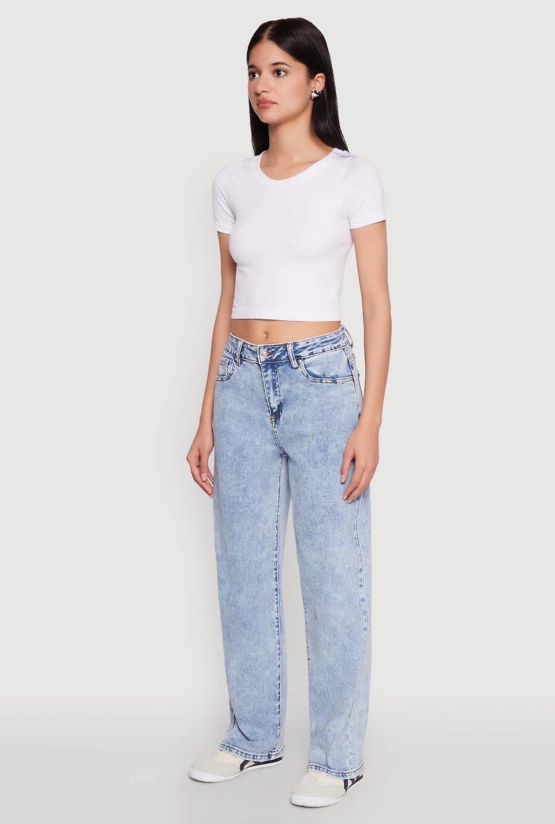 Womens WAX Acid Wash Straight Leg Jeans, Blue,