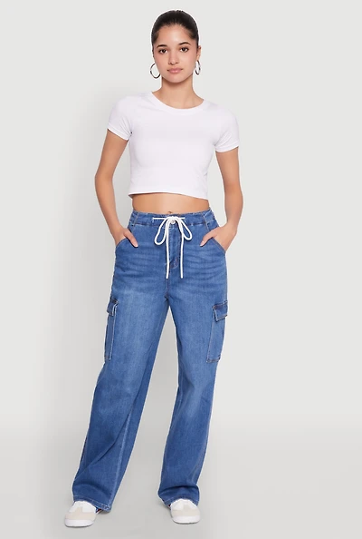 Womens WAX High Waisted Cargo Jeans, Blue, Size M