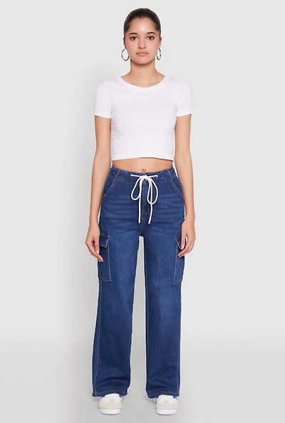 Womens WAX High Waisted Cargo Jeans, Blue, Size L