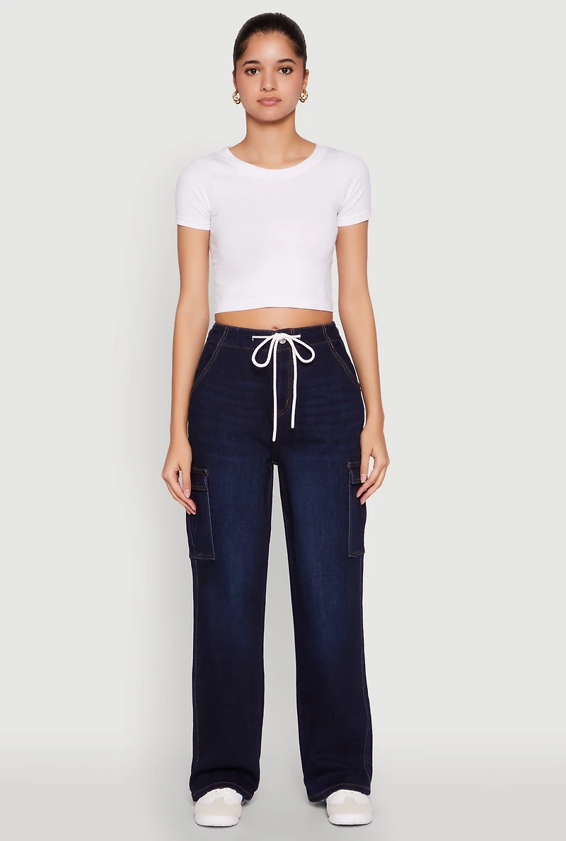 Womens WAX High Waisted Cargo Jeans, Blue, Size M