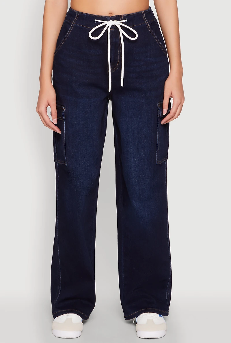 Womens WAX High Waisted Cargo Jeans, Blue, Size M
