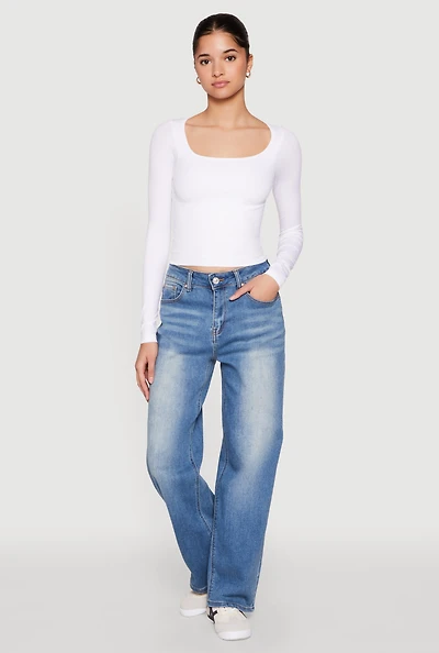 Womens WAX Vintage Wash Straight Leg Jeans, Blue,
