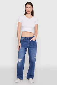 Womens WAX Whiskered Ombre Distressed Jeans, Blue,