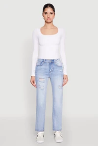 Womens WAX Distressed Straight Leg Jeans, Blue,