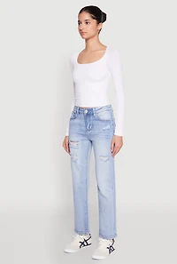 Womens WAX Distressed Straight Leg Jeans, Blue,