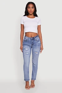 Womens WAX Distressed Straight Leg Jeans, Blue,