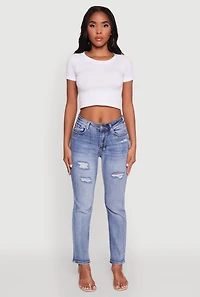 Womens WAX Distressed Straight Leg Jeans, Blue,