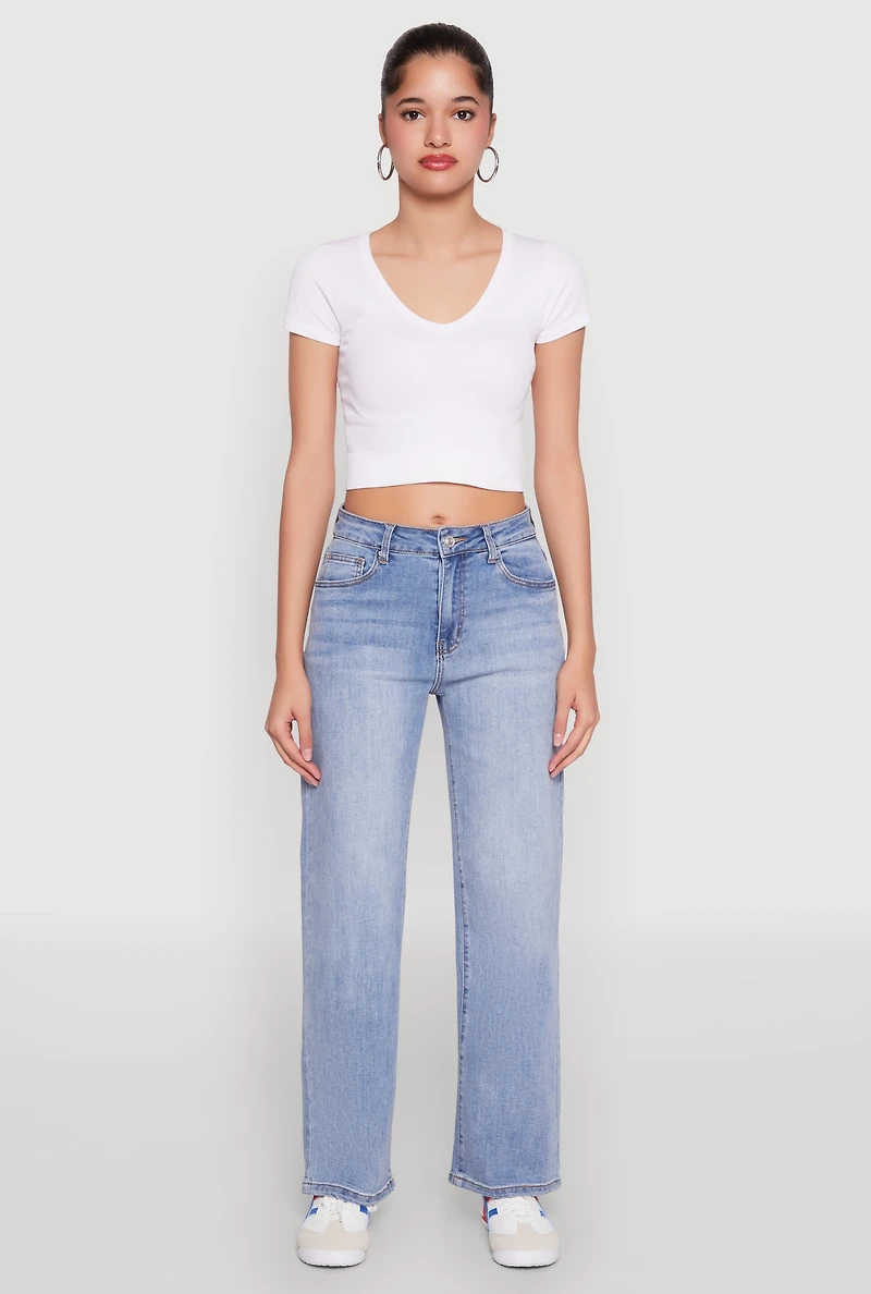 Womens WAX Mid Rise Whiskered Straight Leg Jeans, Blue,