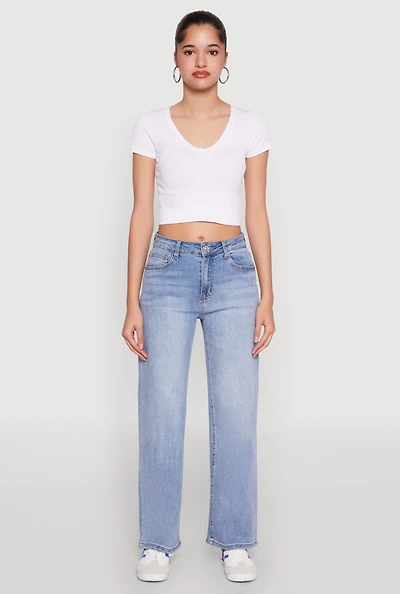 Womens WAX Mid Rise Whiskered Straight Leg Jeans, Blue,