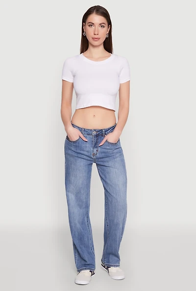 Womens WAX Mid Rise Whiskered Straight Leg Jeans, Blue,