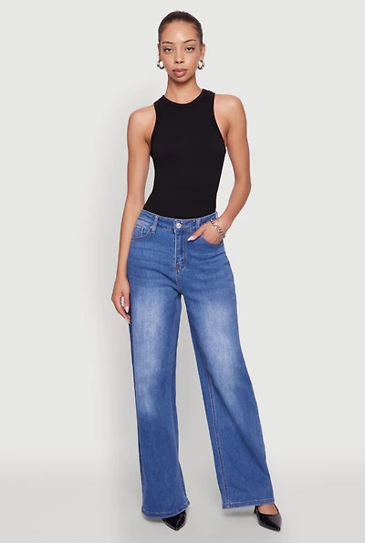Womens WAX Whiskered Wide Leg Jeans, Blue,
