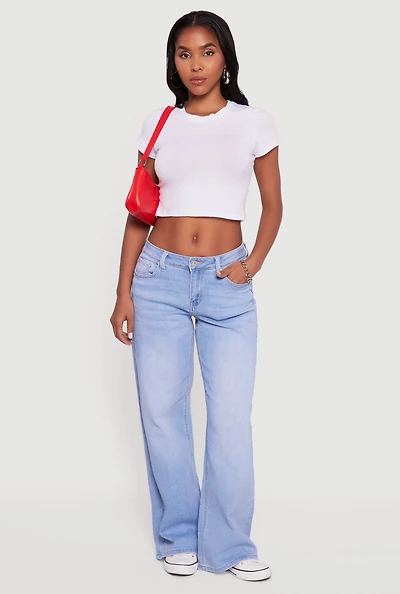 Womens WAX Low Rise Wide Leg Stretchy Jeans, Blue,