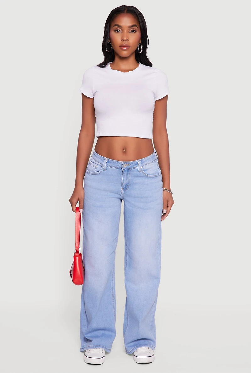 Womens WAX Low Rise Wide Leg Stretchy Jeans, Blue,