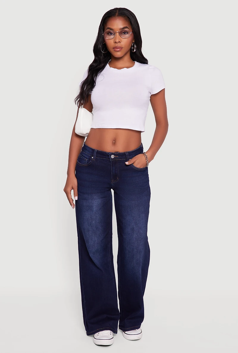 Womens WAX Low Rise Wide Leg Stretchy Jeans, Blue,