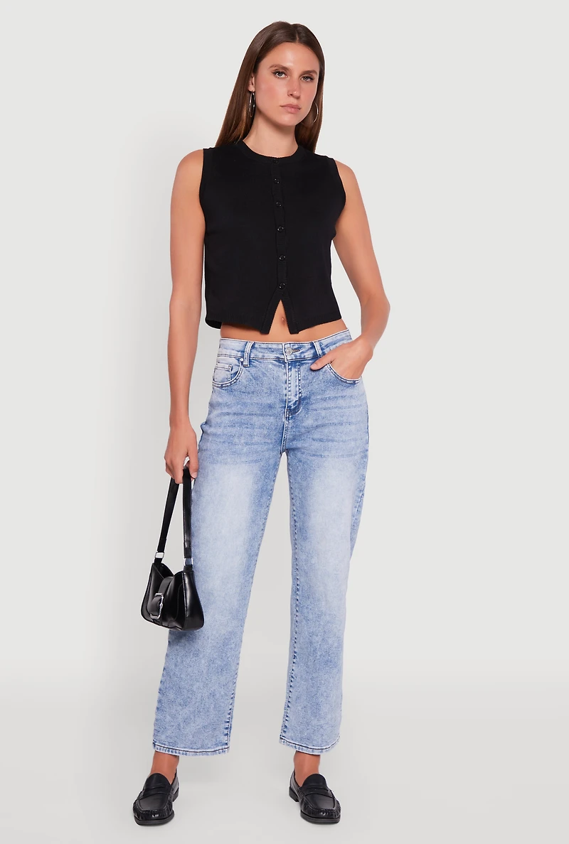 Acid Wash Mid Rise Straight Leg Jeans