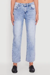 Womens Acid Wash Mid Rise Straight Leg Jeans, Blue,