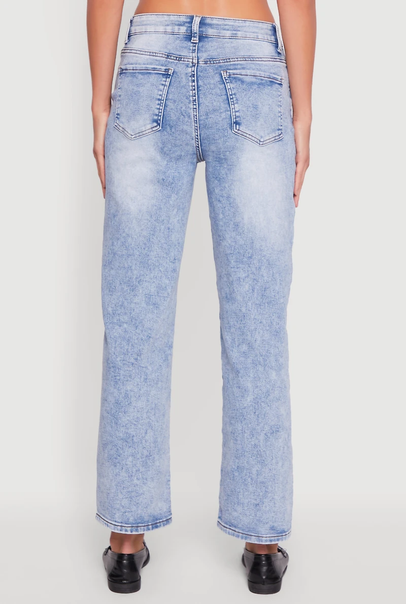 Womens Acid Wash Mid Rise Straight Leg Jeans, Blue,