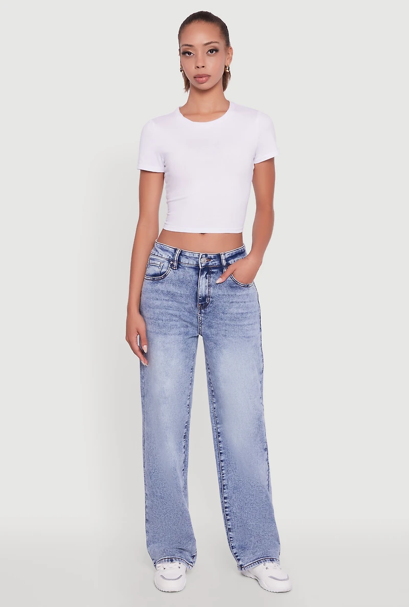 Womens Acid Wash Mid Rise Straight Leg Jeans, Blue,