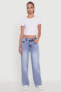 Womens Acid Wash Mid Rise Straight Leg Jeans, Blue,