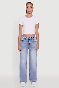 Womens Acid Wash Mid Rise Straight Leg Jeans, Blue,