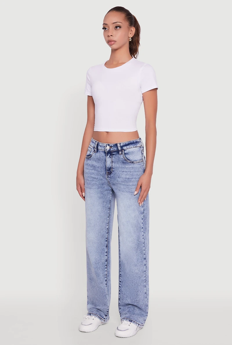 Womens Acid Wash Mid Rise Straight Leg Jeans, Blue,