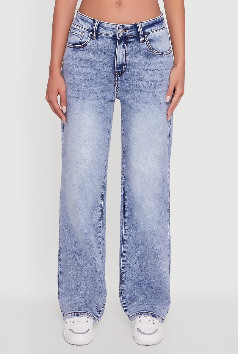 Womens Acid Wash Mid Rise Straight Leg Jeans, Blue,