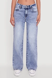 Womens Acid Wash Mid Rise Straight Leg Jeans, Blue,