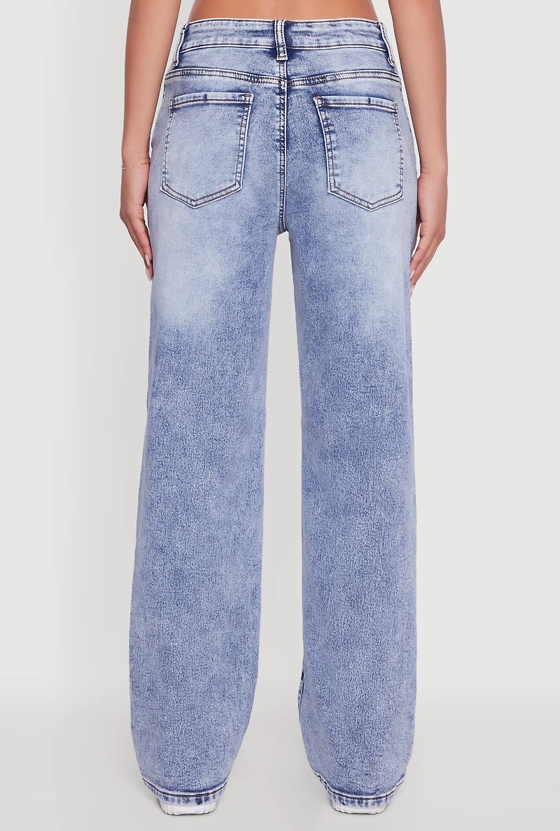Womens Acid Wash Mid Rise Straight Leg Jeans, Blue,