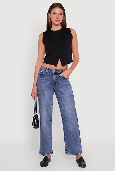 Womens Acid Wash Mid Rise Straight Leg Jeans, Blue,