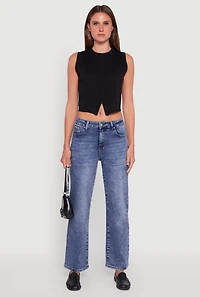 Womens Acid Wash Mid Rise Straight Leg Jeans, Blue,