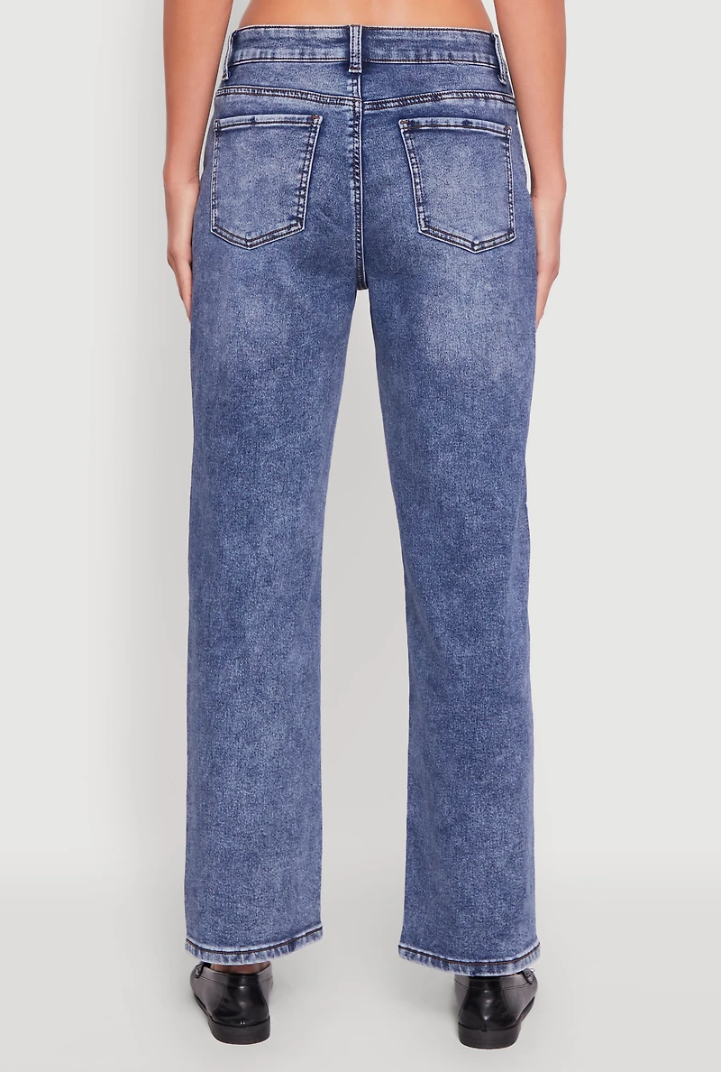 Womens Acid Wash Mid Rise Straight Leg Jeans, Blue,