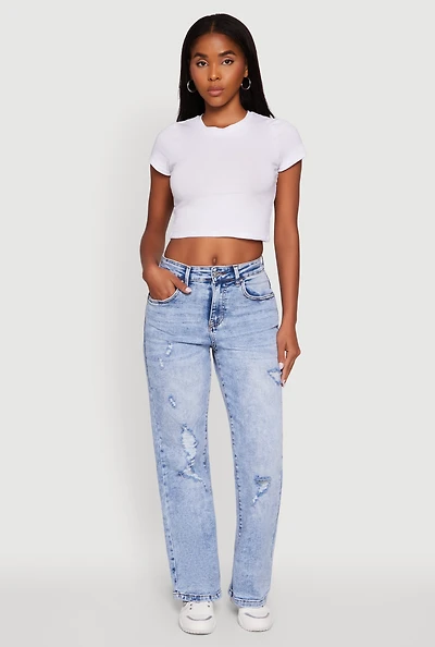 Womens Mineral Wash Whiskered Distressed Straight Leg Jeans, Blue,