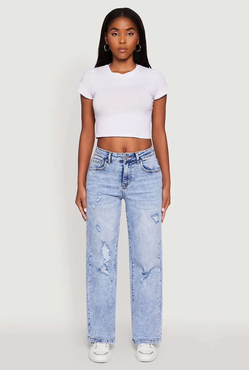 Womens Mineral Wash Whiskered Distressed Straight Leg Jeans, Blue,