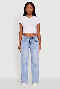 Womens Mineral Wash Whiskered Distressed Straight Leg Jeans, Blue, Size 5