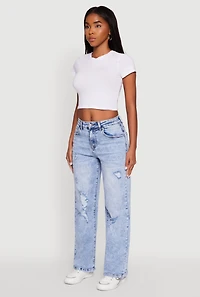 Womens Mineral Wash Whiskered Distressed Straight Leg Jeans, Blue,