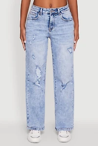 Womens Mineral Wash Whiskered Distressed Straight Leg Jeans, Blue,