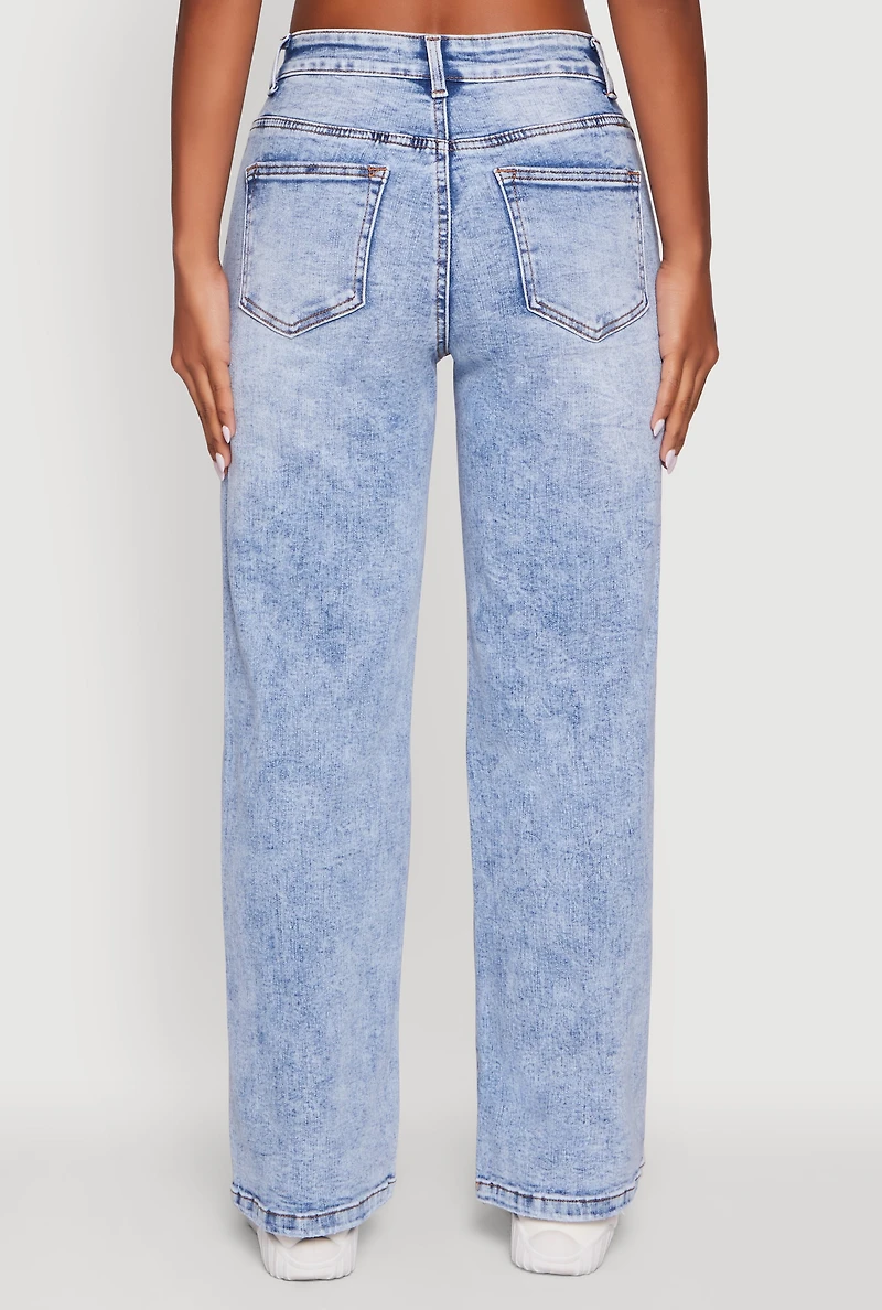 Womens Mineral Wash Whiskered Distressed Straight Leg Jeans, Blue,