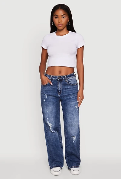 Womens Mineral Wash Whiskered Distressed Straight Leg Jeans, Blue,