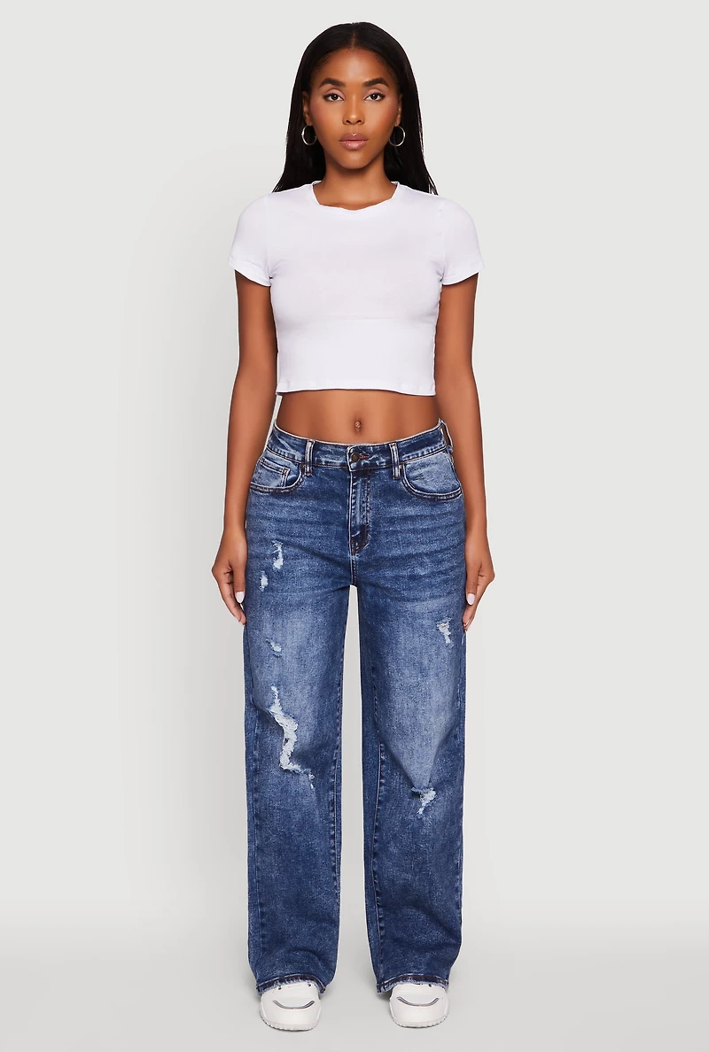 Womens Mineral Wash Whiskered Distressed Straight Leg Jeans, Blue,