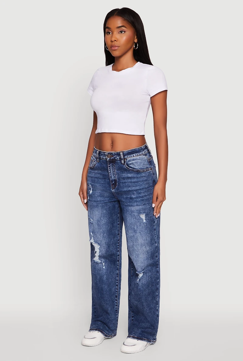 Womens Mineral Wash Whiskered Distressed Straight Leg Jeans, Blue,