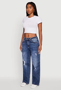 Womens Mineral Wash Whiskered Distressed Straight Leg Jeans, Blue,
