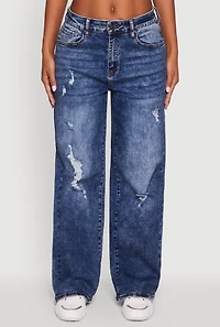 Womens Mineral Wash Whiskered Distressed Straight Leg Jeans, Blue,