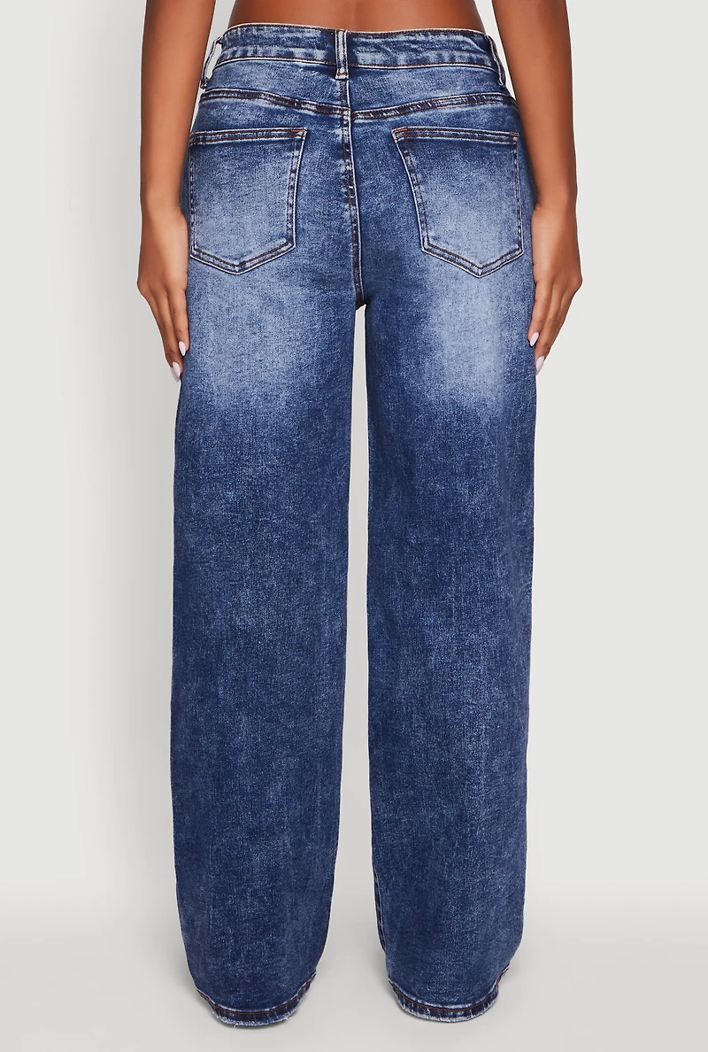 Womens Mineral Wash Whiskered Distressed Straight Leg Jeans, Blue,